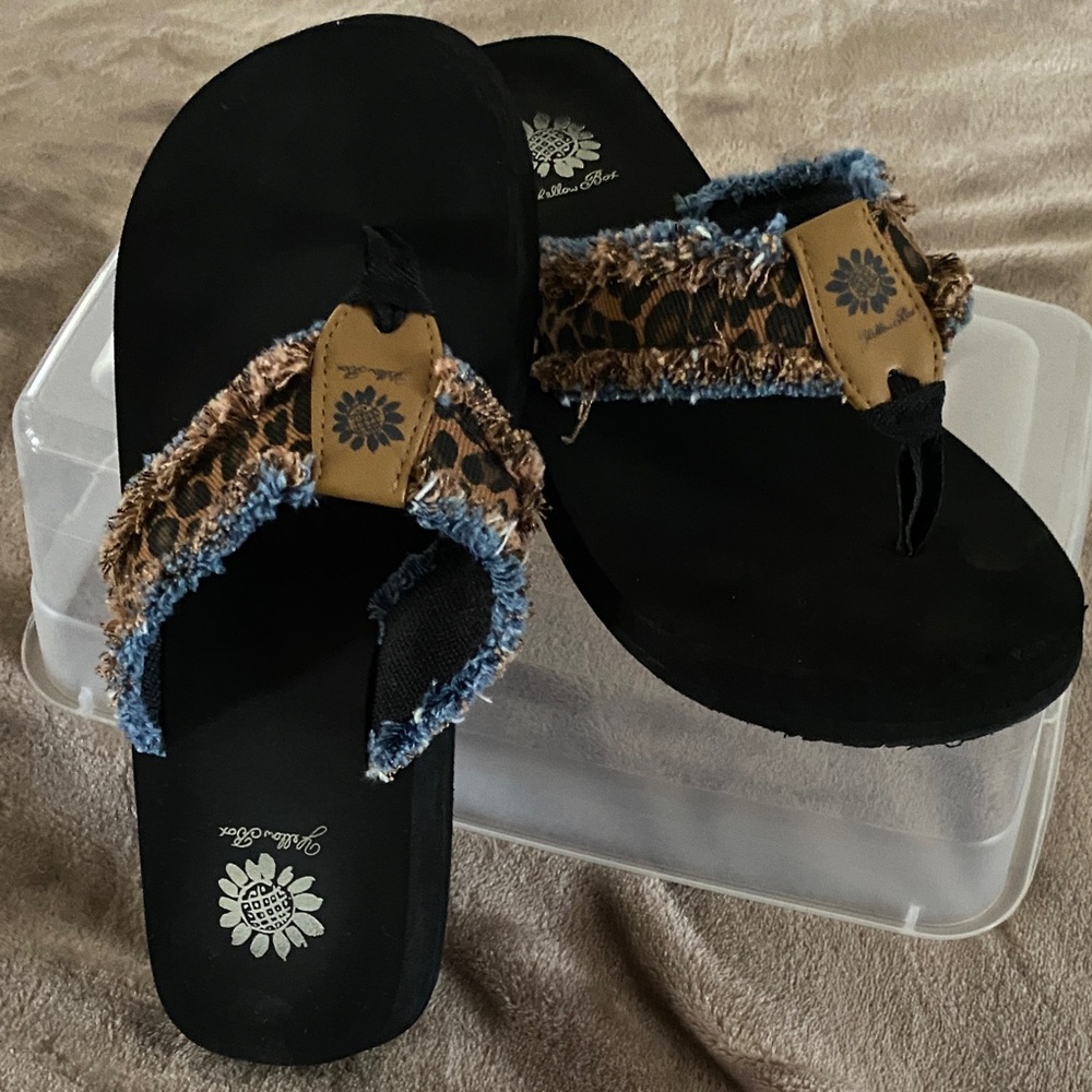 Yellow Box Black and Tan Sandals with Blue Accents
